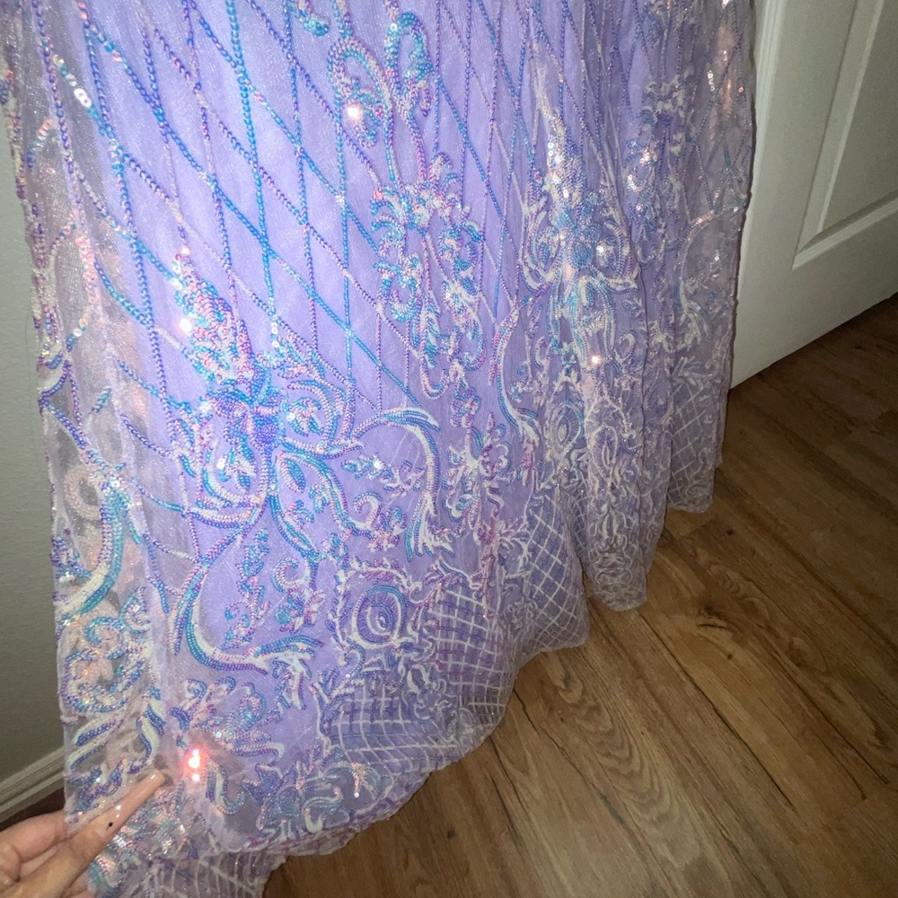 formal purple mermaid style sequin dress cross back low v small train dress - Picture 7 of 10